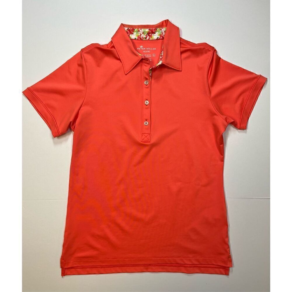 Peter Millar Golf Polo Tangerine Orange Wicking UPF Contrast Collar Size Medium